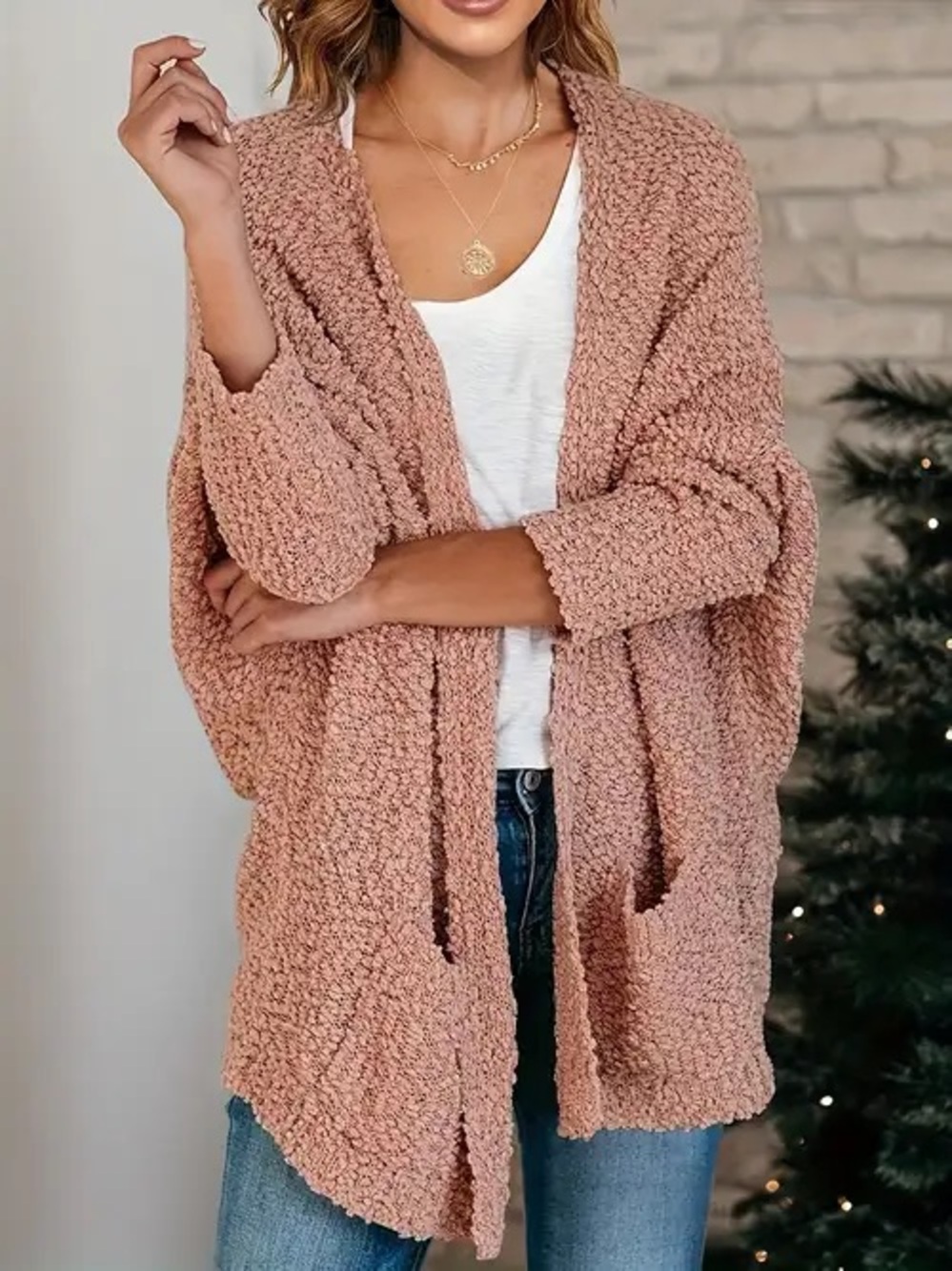 Blush Pink Oversized Cozy Popcorn Knit Open-Front Cardigan Lightweight Sweater